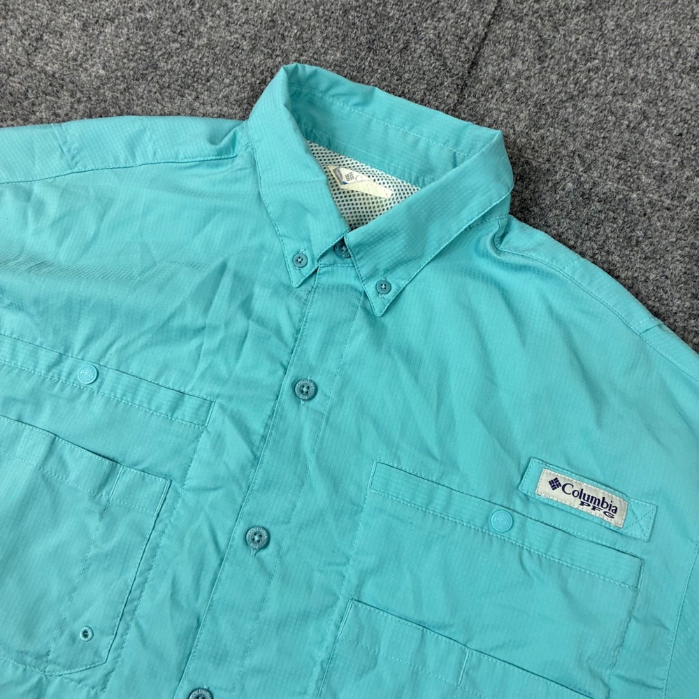 Columbia PFG Mens Short Sleeve Button Down Fishing Shirt Aqua Turquoise Ripstop